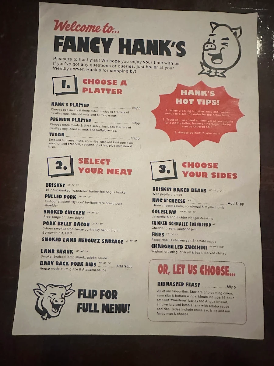 Menu, Fancy Hank's Barbecue Restaurant