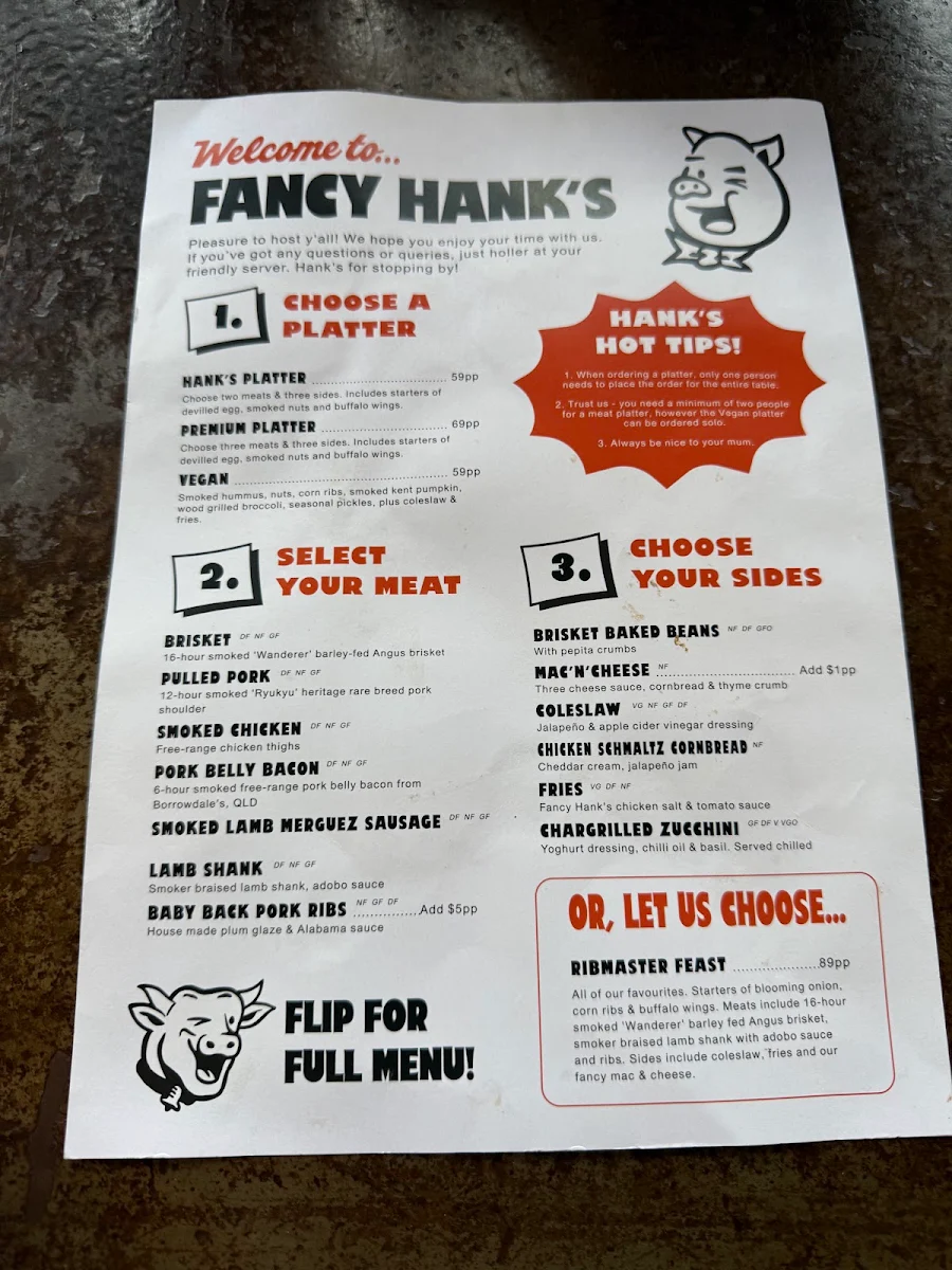 Menu, Fancy Hank's Barbecue Restaurant