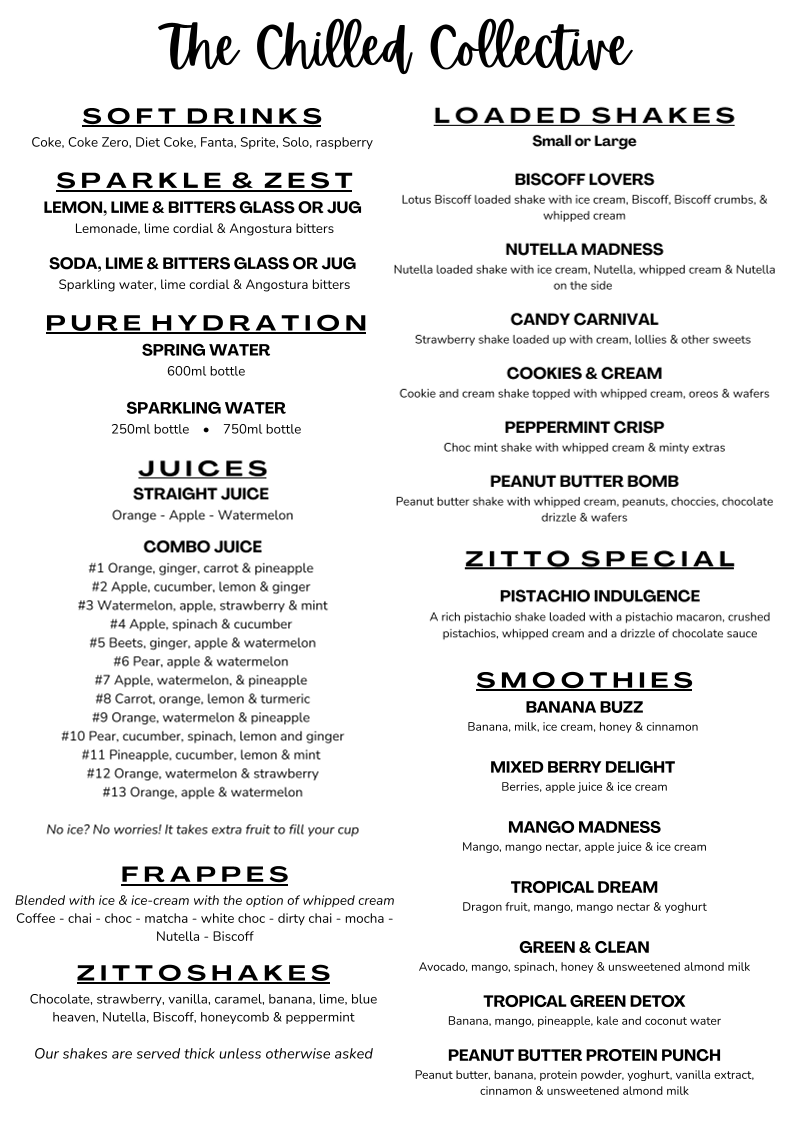 Menu, Zitto Cafe Hillcrest