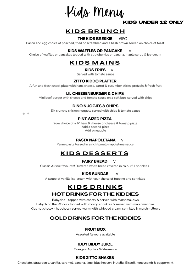 Menu, Zitto Cafe Hillcrest