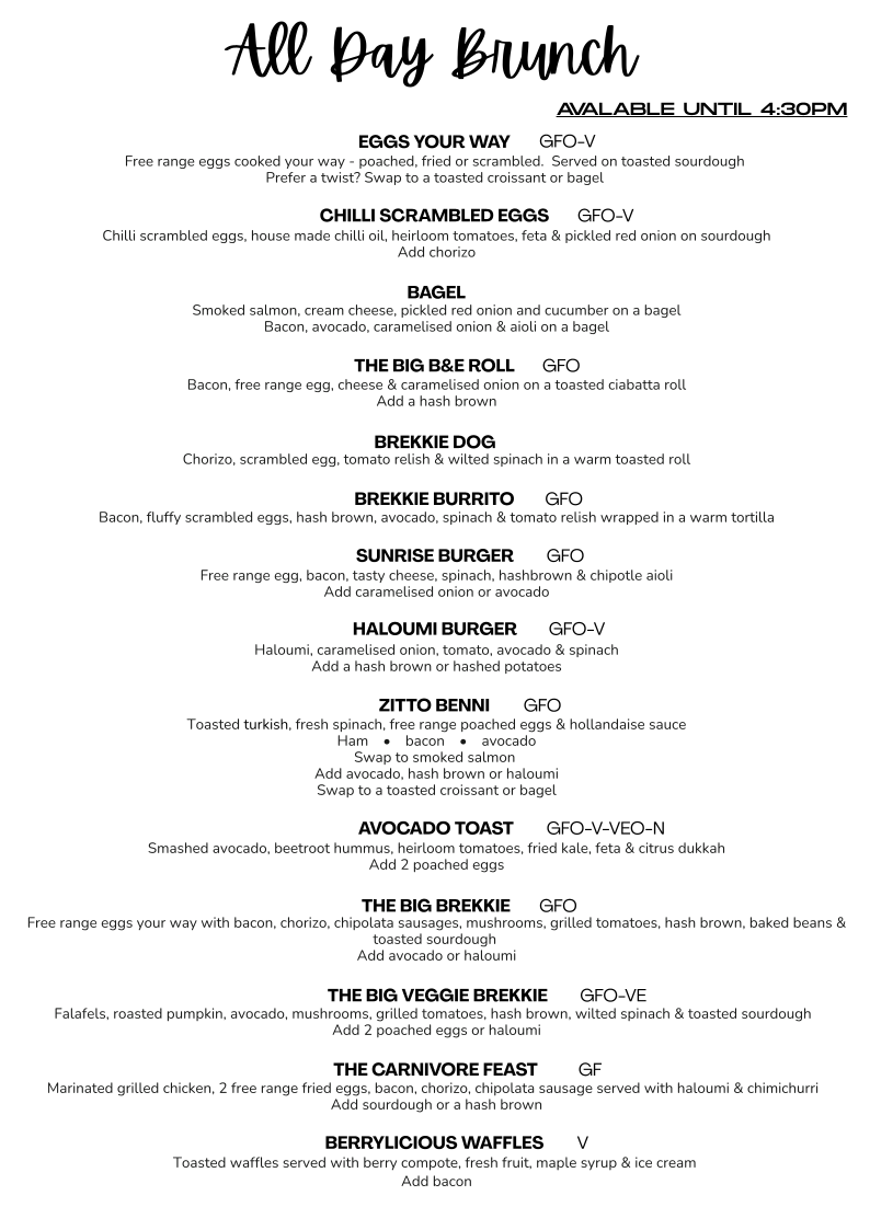 Menu, Zitto Cafe Hillcrest