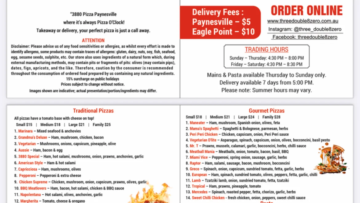 Menu, Three Double8 Zero Pizza Bar & Grill