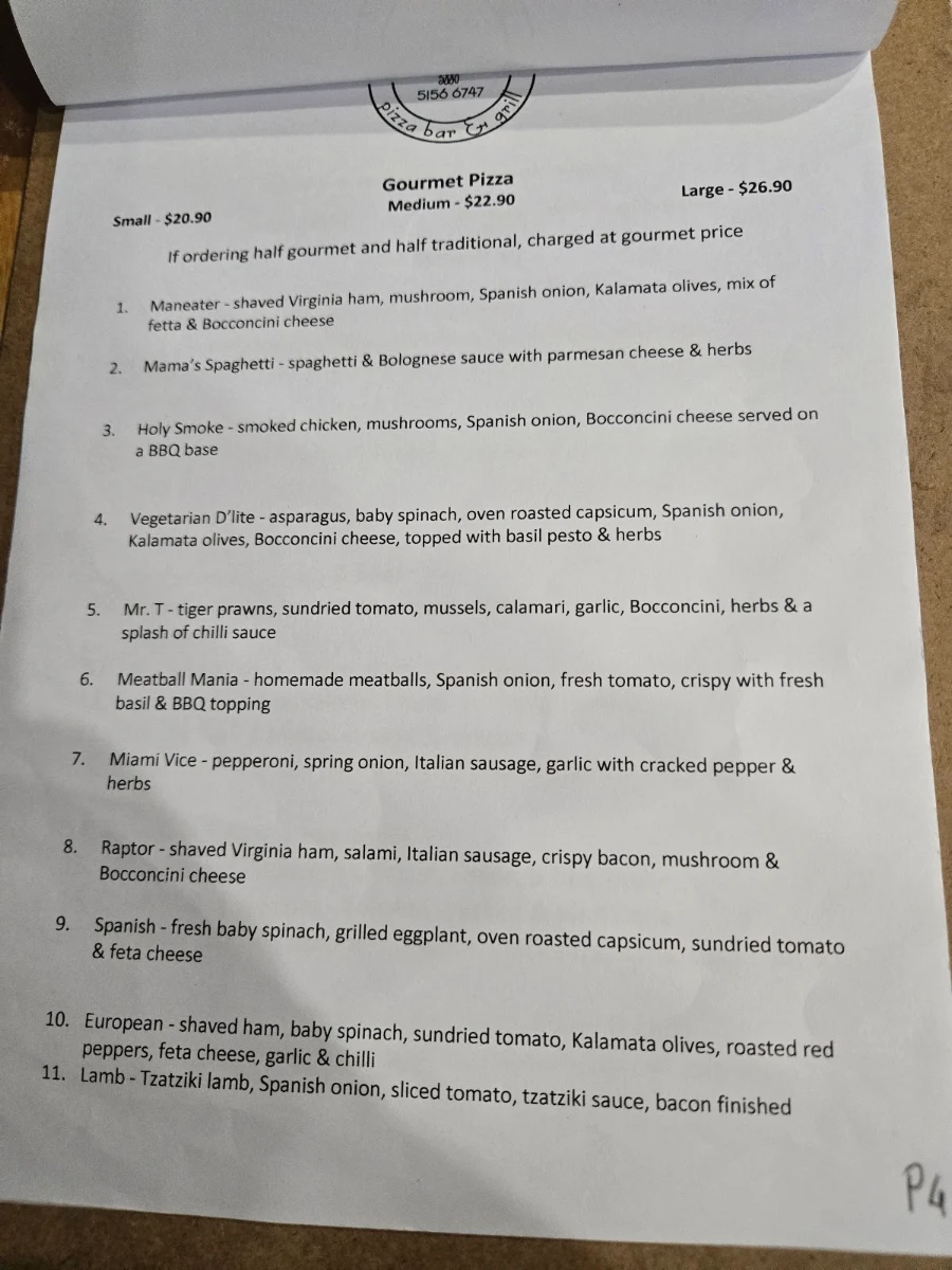 Menu, Three Double8 Zero Pizza Bar & Grill