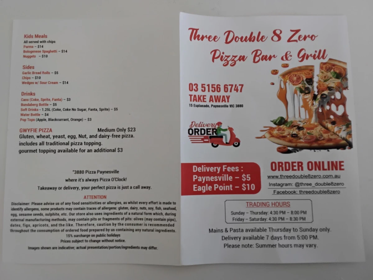Menu, Three Double8 Zero Pizza Bar & Grill