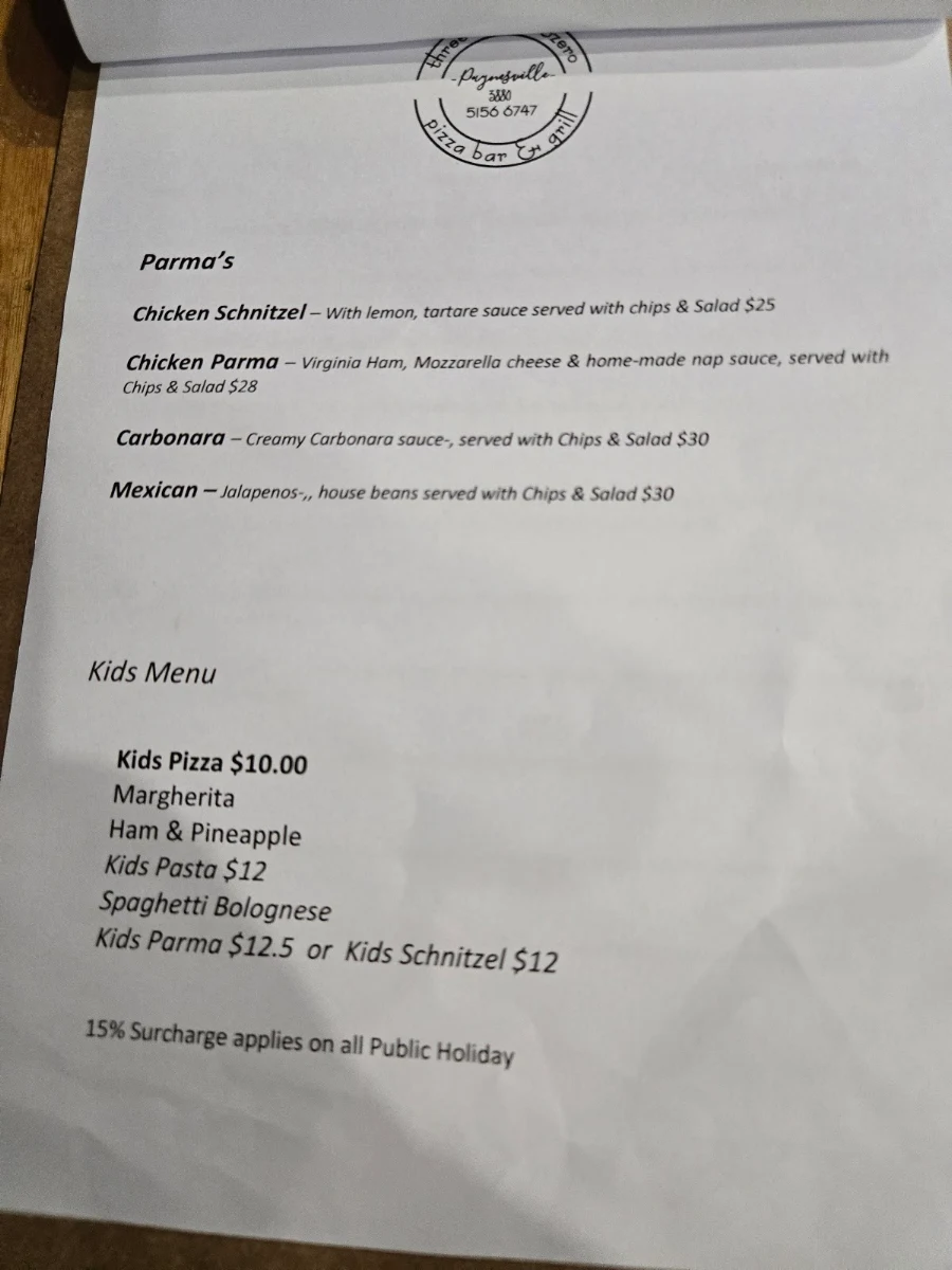 Menu, Three Double8 Zero Pizza Bar & Grill
