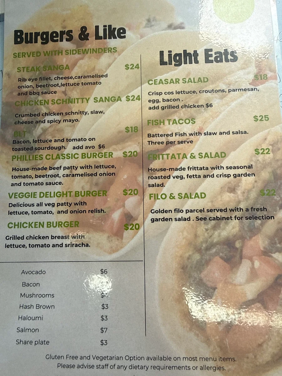 Menu, Cafe Phillies on Beerburrum
