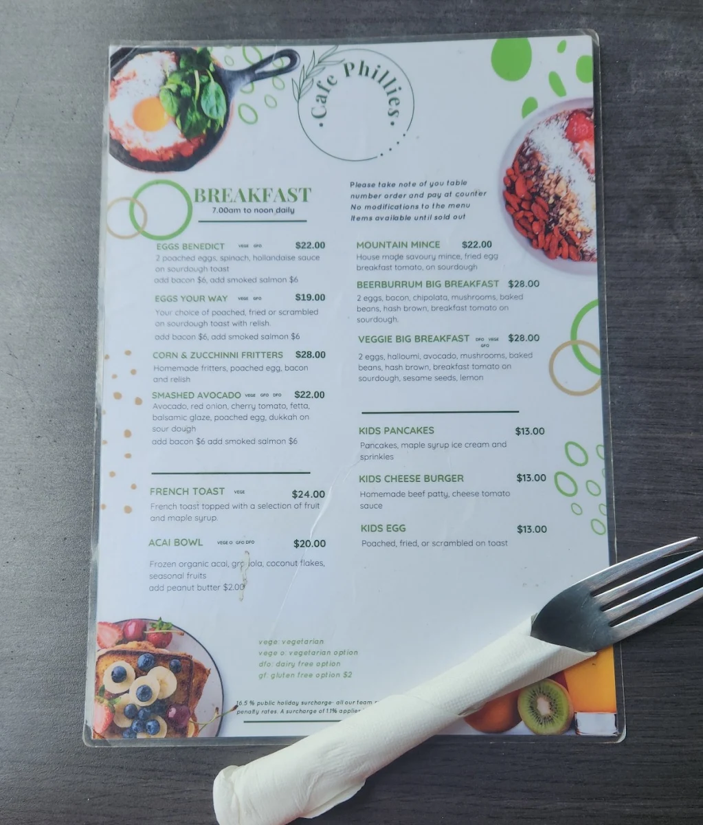 Menu, Cafe Phillies on Beerburrum