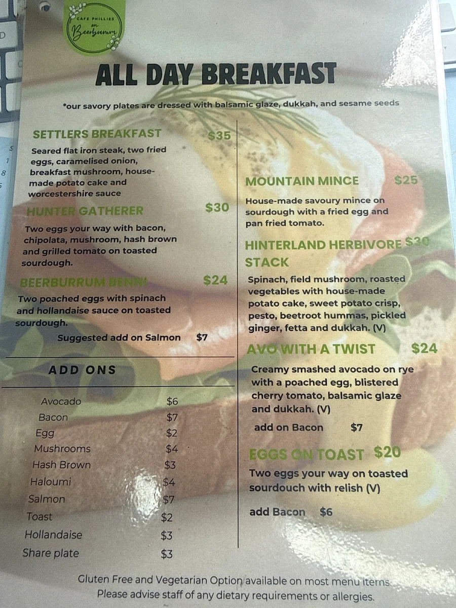 Menu, Cafe Phillies on Beerburrum