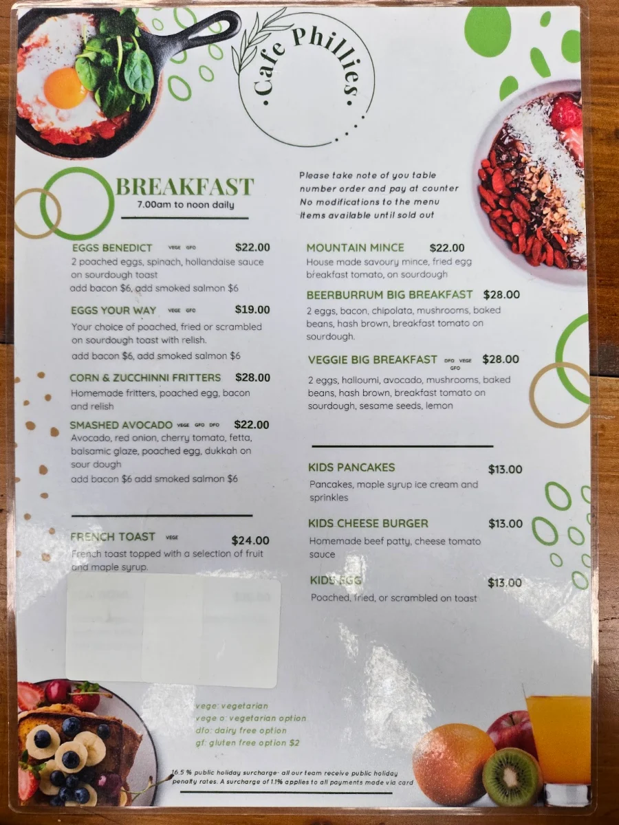 Menu, Cafe Phillies on Beerburrum