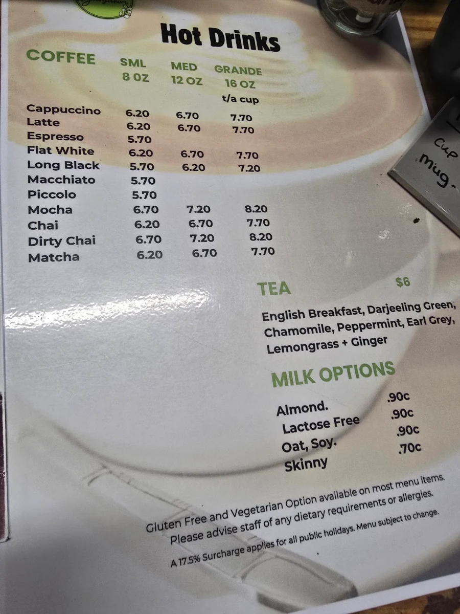 Menu, Cafe Phillies on Beerburrum