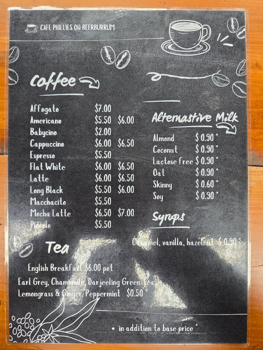 Menu, Cafe Phillies on Beerburrum