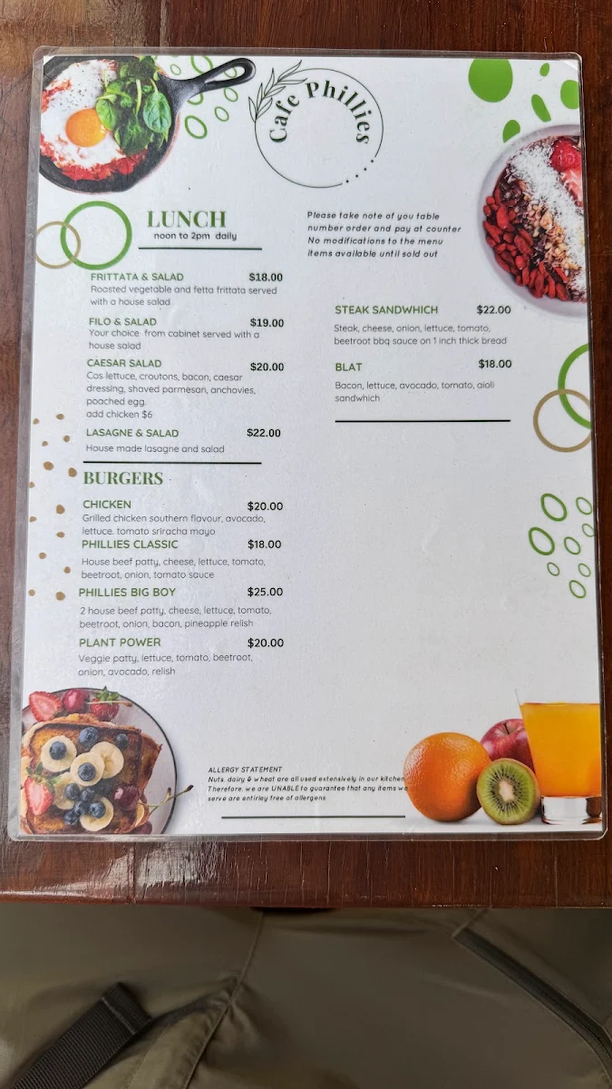 Menu, Cafe Phillies on Beerburrum