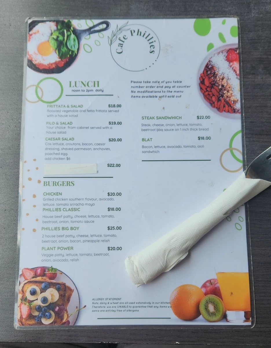 Menu, Cafe Phillies on Beerburrum
