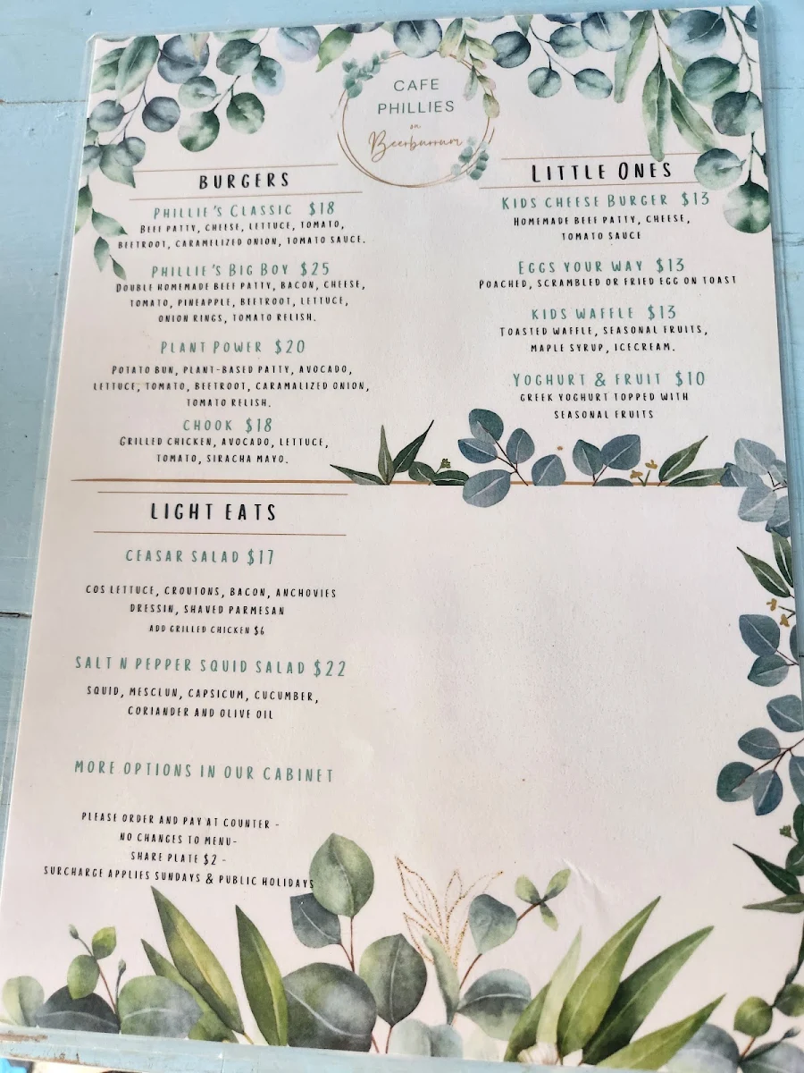 Menu, Cafe Phillies on Beerburrum