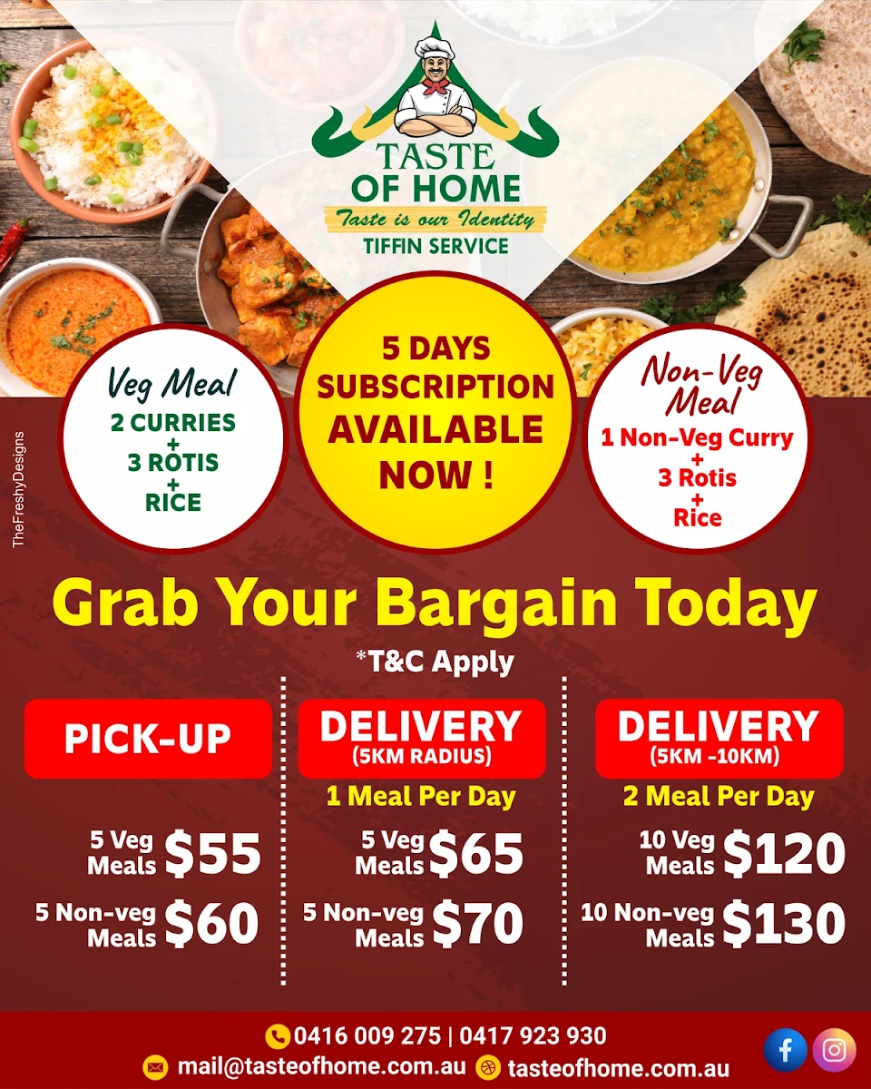 Menu, Taste Of Home - Tiffins / Catering