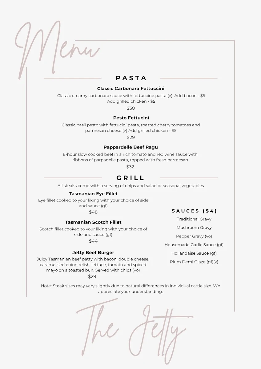 Menu, Jetty Licensed Restaurant