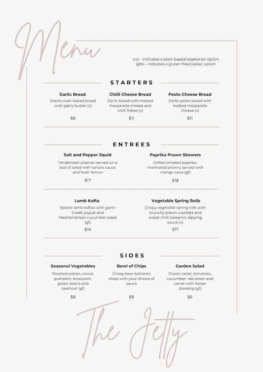 Menu, Jetty Licensed Restaurant