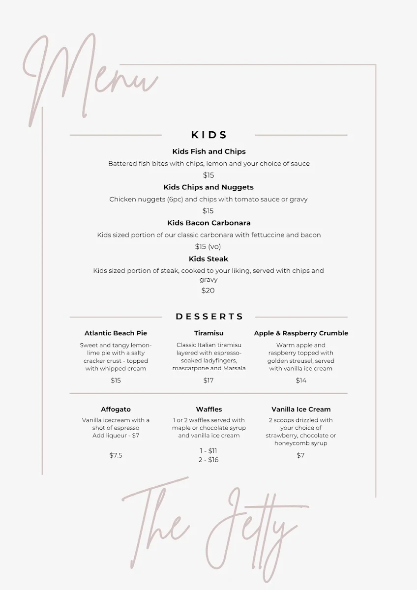 Menu, Jetty Licensed Restaurant