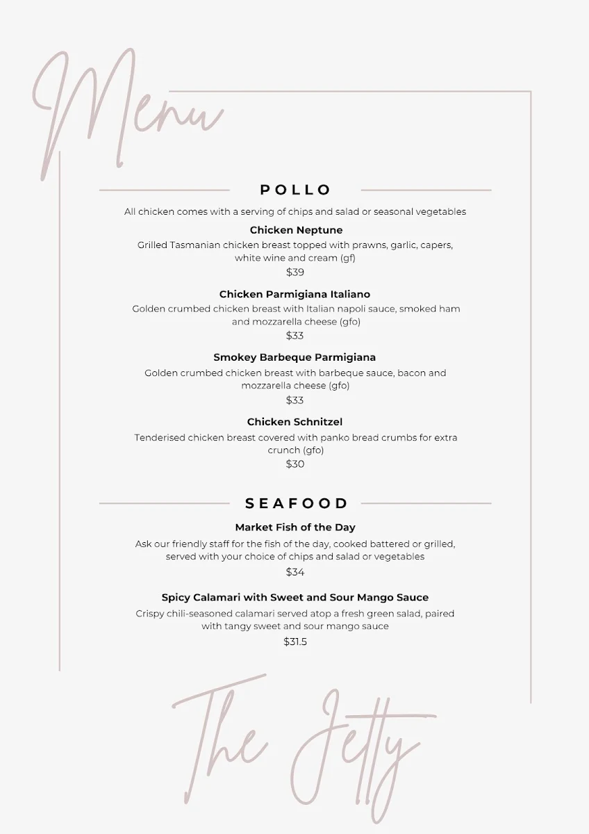 Menu, Jetty Licensed Restaurant