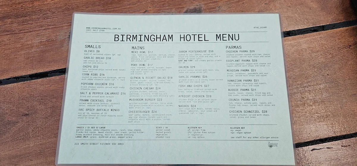 Menu, The Birmingham Hotel