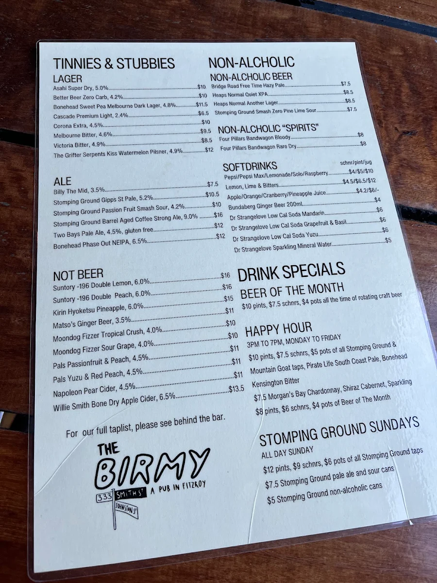 Menu, The Birmingham Hotel