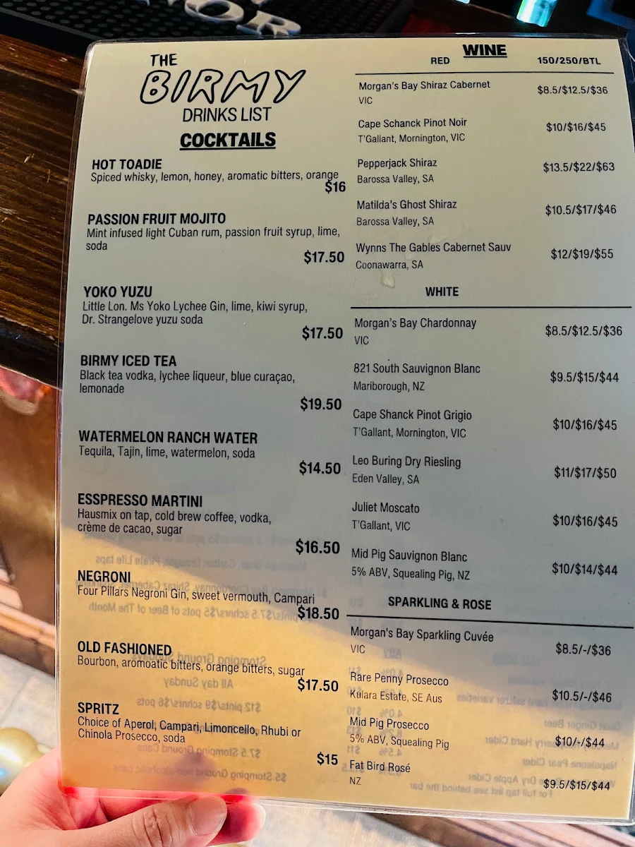 Menu, The Birmingham Hotel