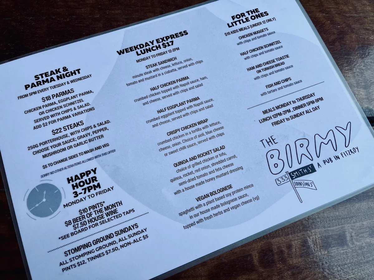 Menu, The Birmingham Hotel