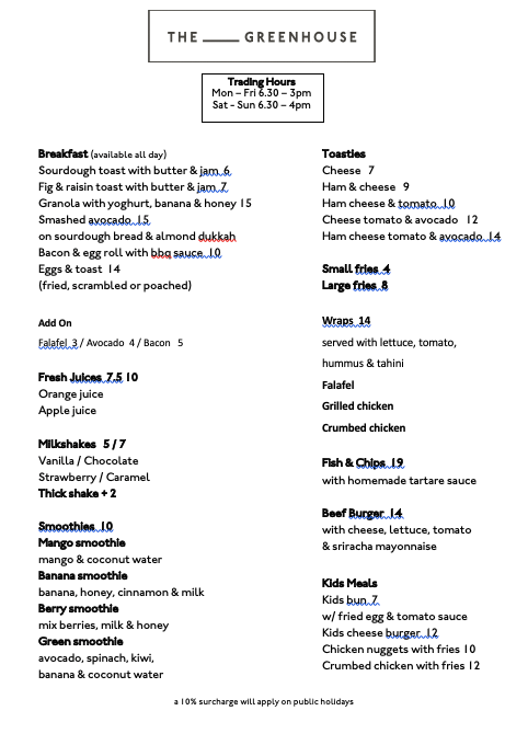 Menu, The Greenhouse Wanda Beach