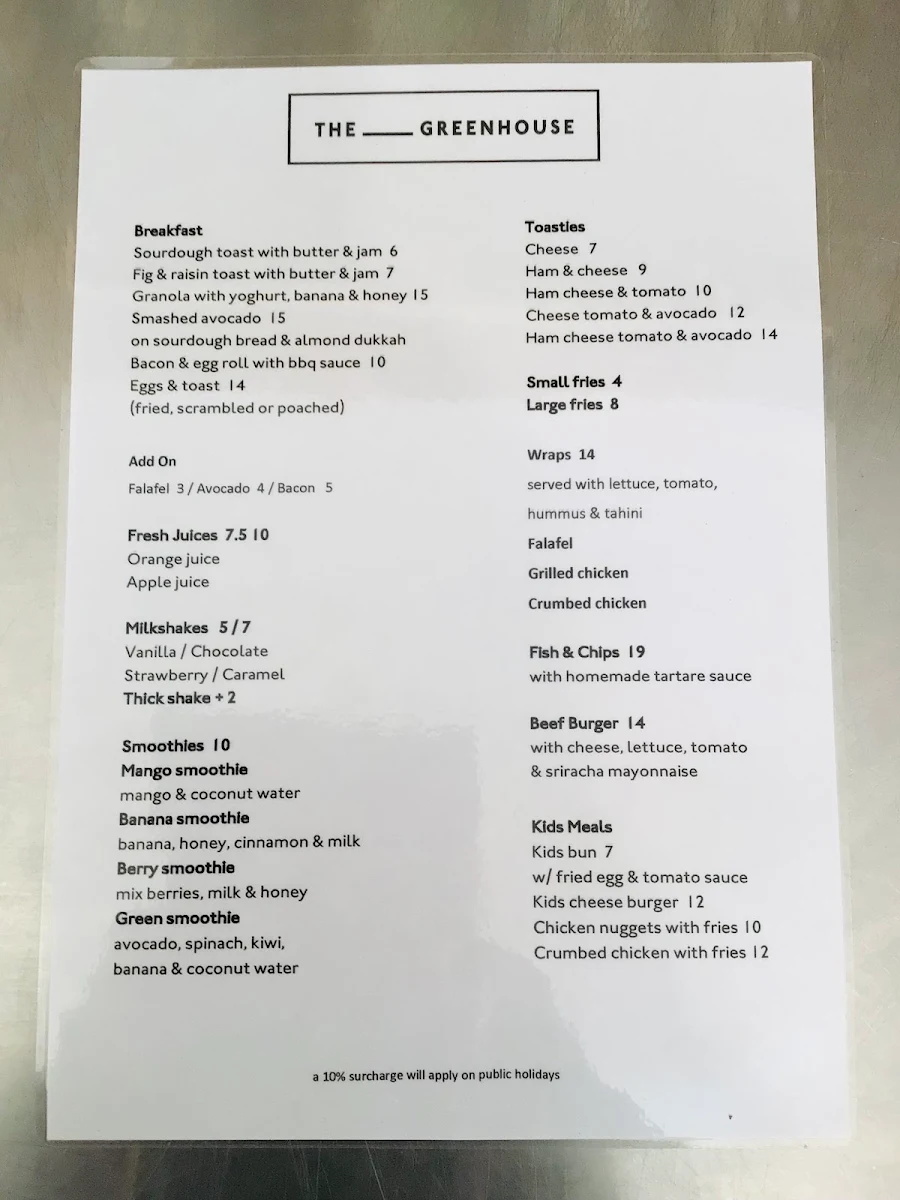 Menu, The Greenhouse Wanda Beach