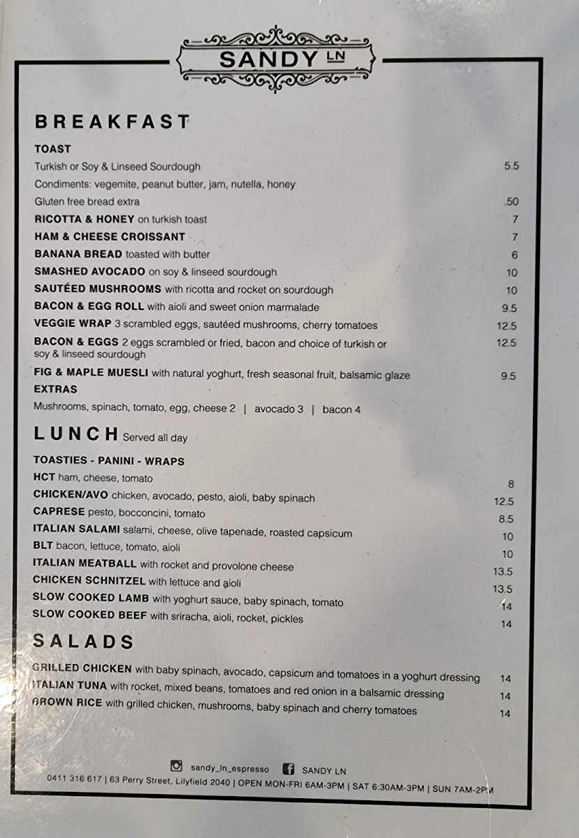 Menu, Sandy Ln