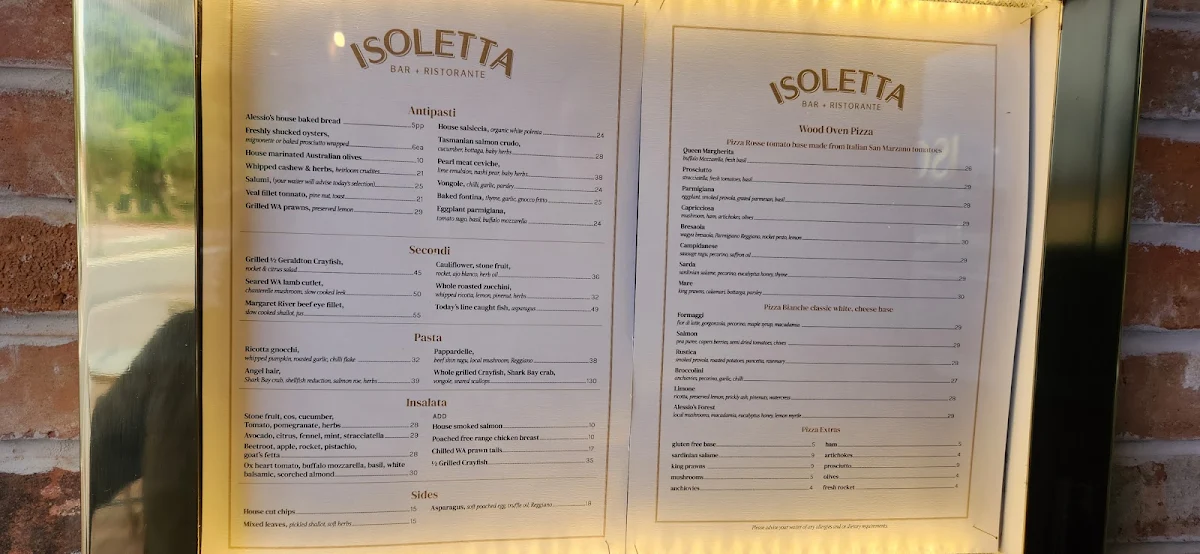 Menu, Isoletta Bar+Ristorante