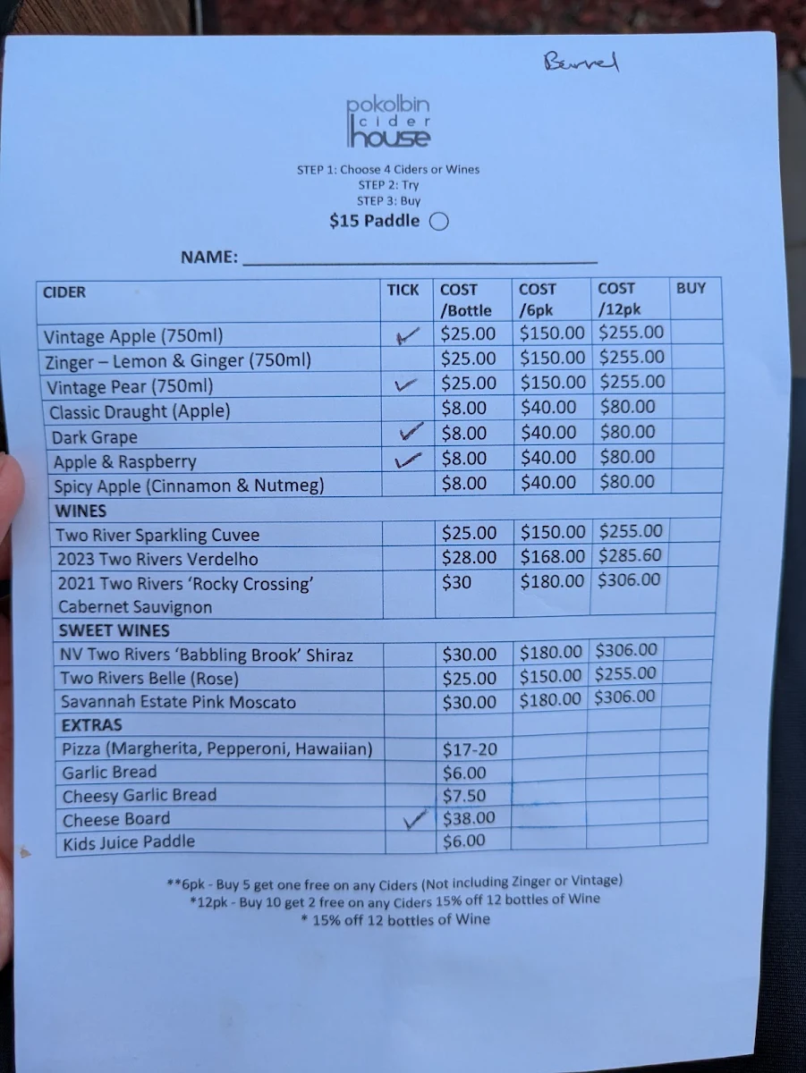 Menu, Pokolbin Cider House