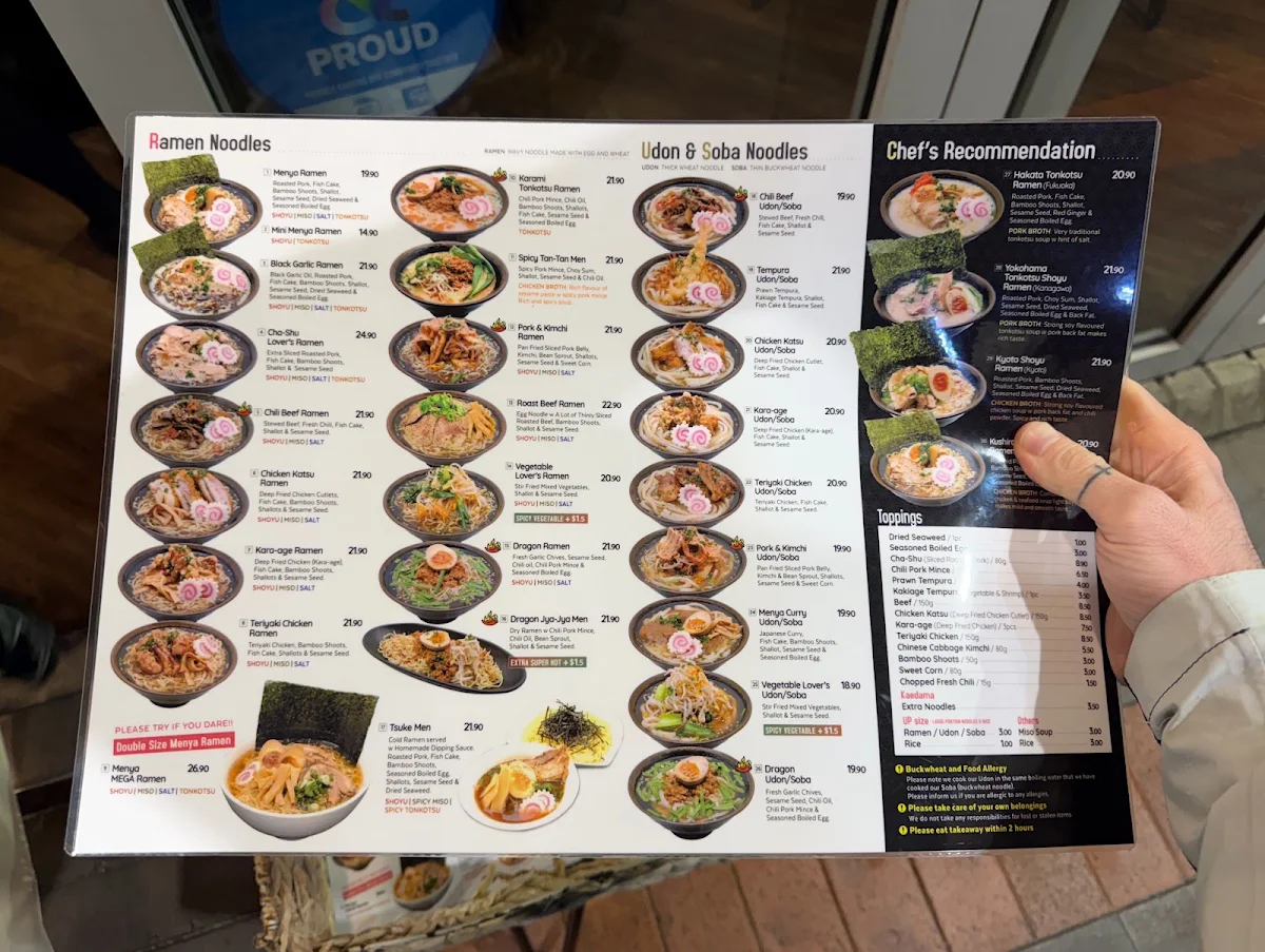 Menu, Menya City Japanese Noodle Bar