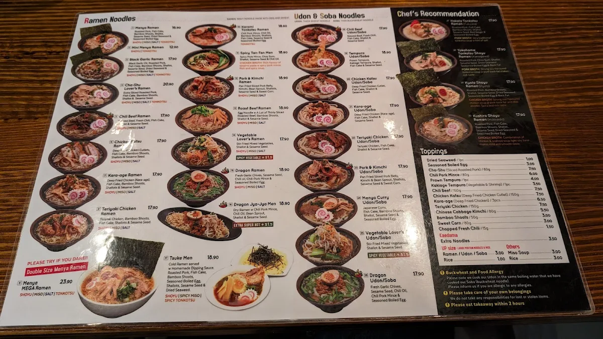 Menu, Menya City Japanese Noodle Bar