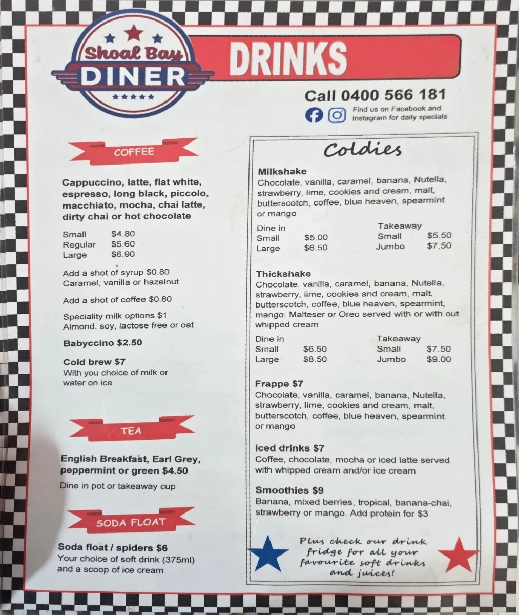 Menu, The Shoal Bay Diner