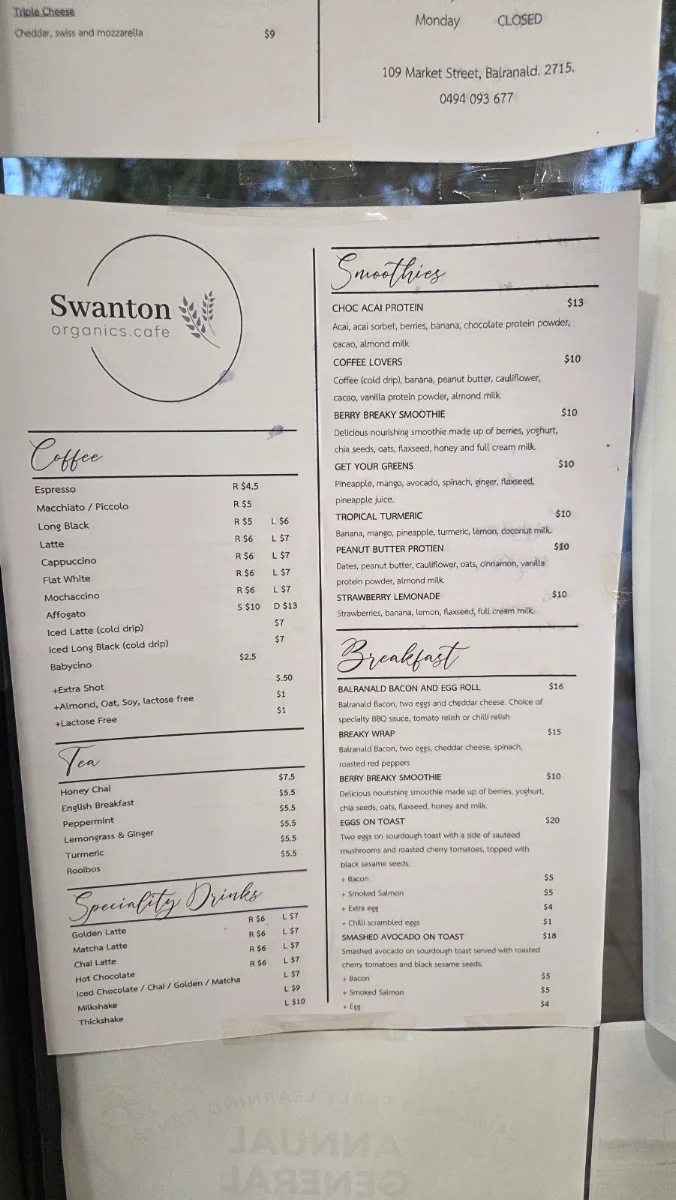 Menu, Swanton Organics Cafe