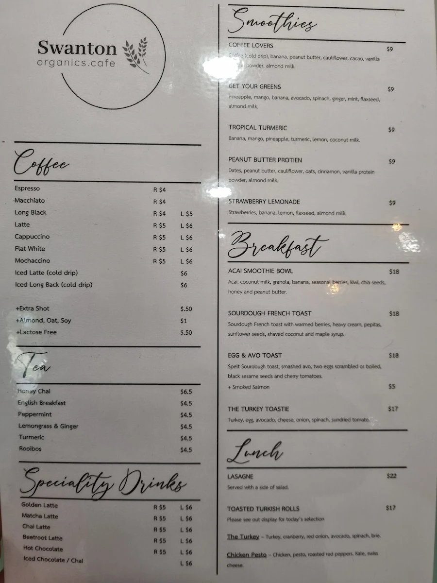 Menu, Swanton Organics Cafe