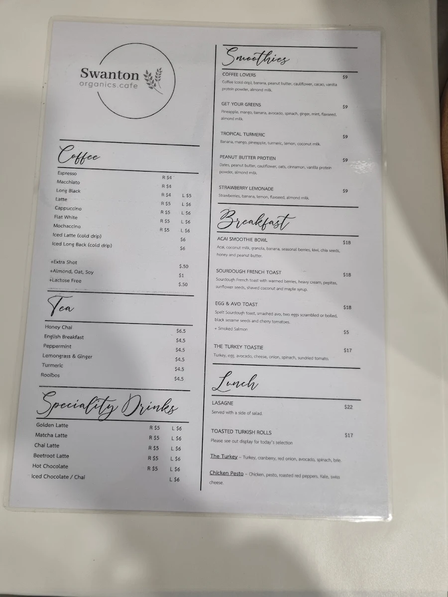 Menu, Swanton Organics Cafe