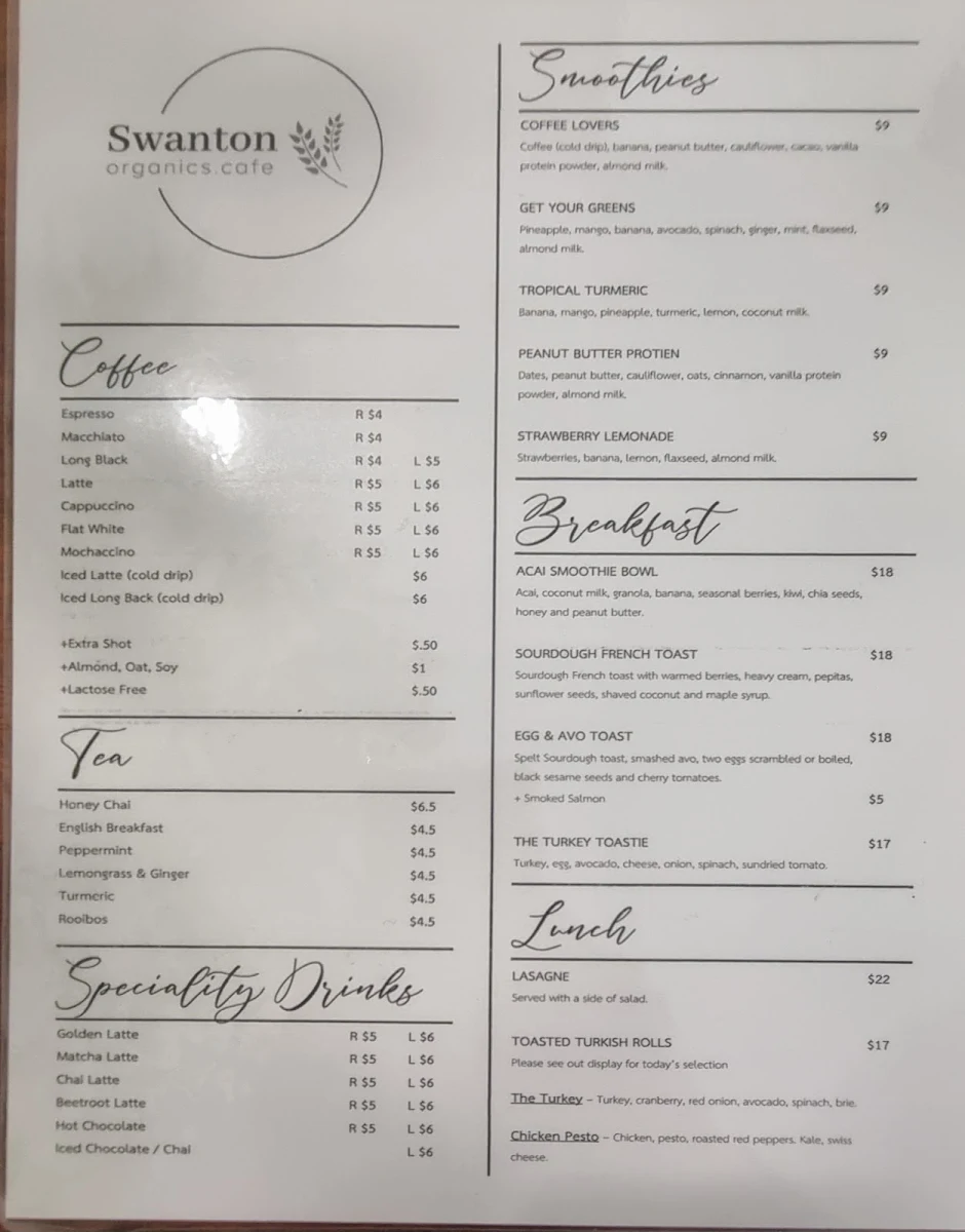 Menu, Swanton Organics Cafe