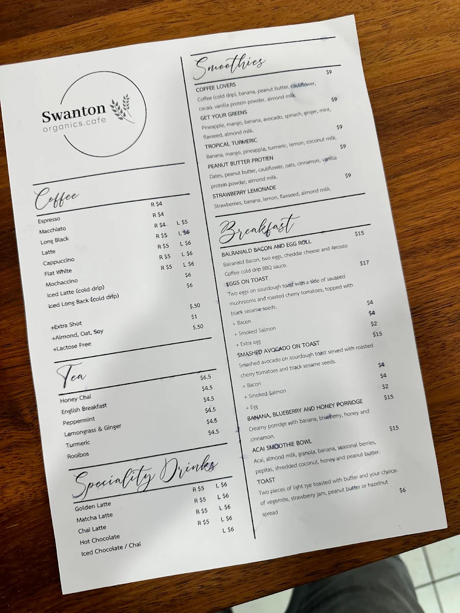 Menu, Swanton Organics Cafe