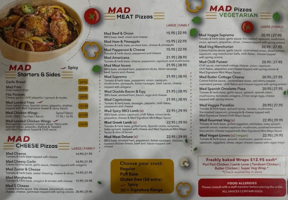 Menu, Mad Toppings (Crows Nest)