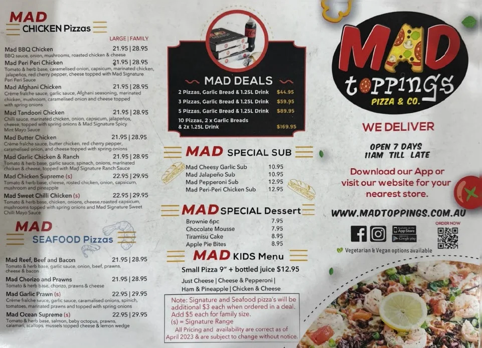 Menu, Mad Toppings (Crows Nest)