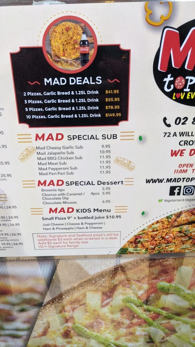 Menu, Mad Toppings (Crows Nest)