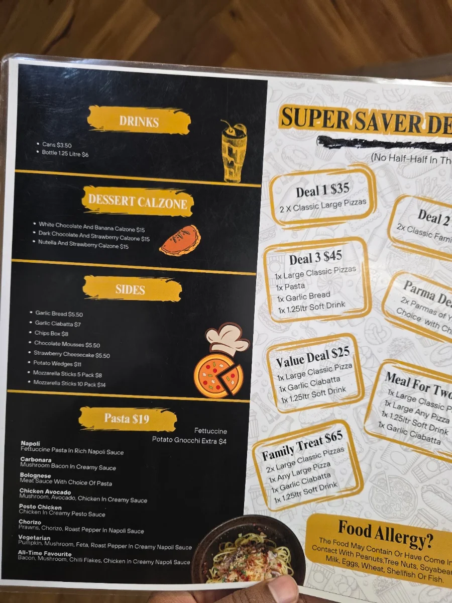 Menu, Big Ben Pizza Bar
