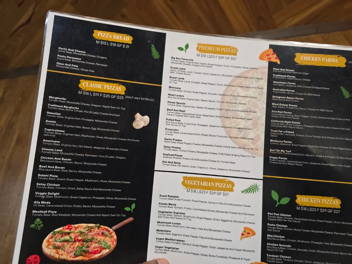 Menu, Big Ben Pizza Bar