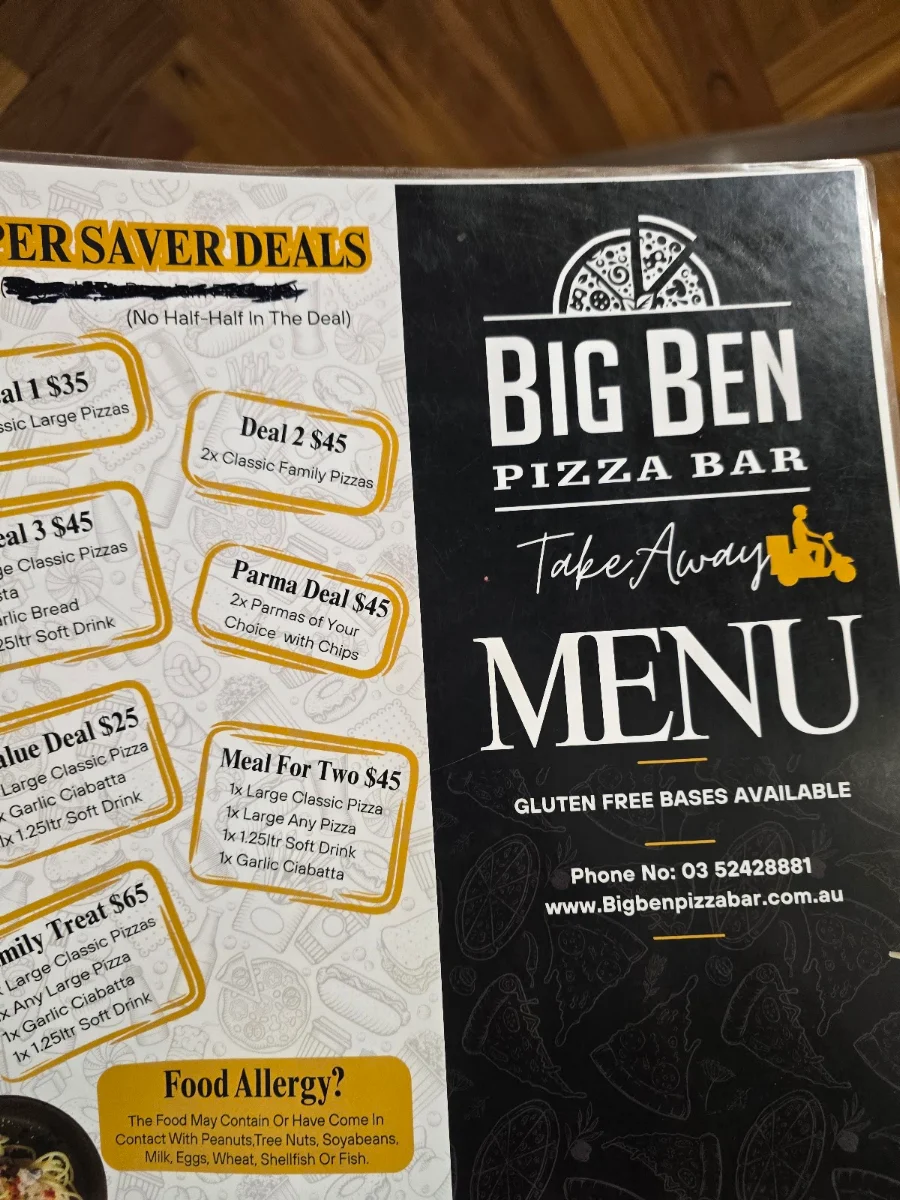 Menu, Big Ben Pizza Bar