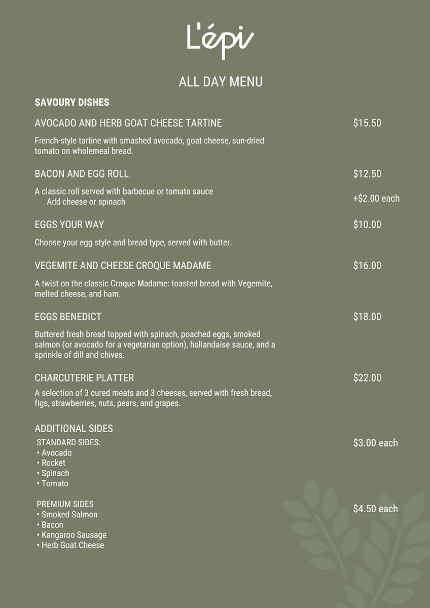 Menu, L'épi Artisan Bakery - Kambah