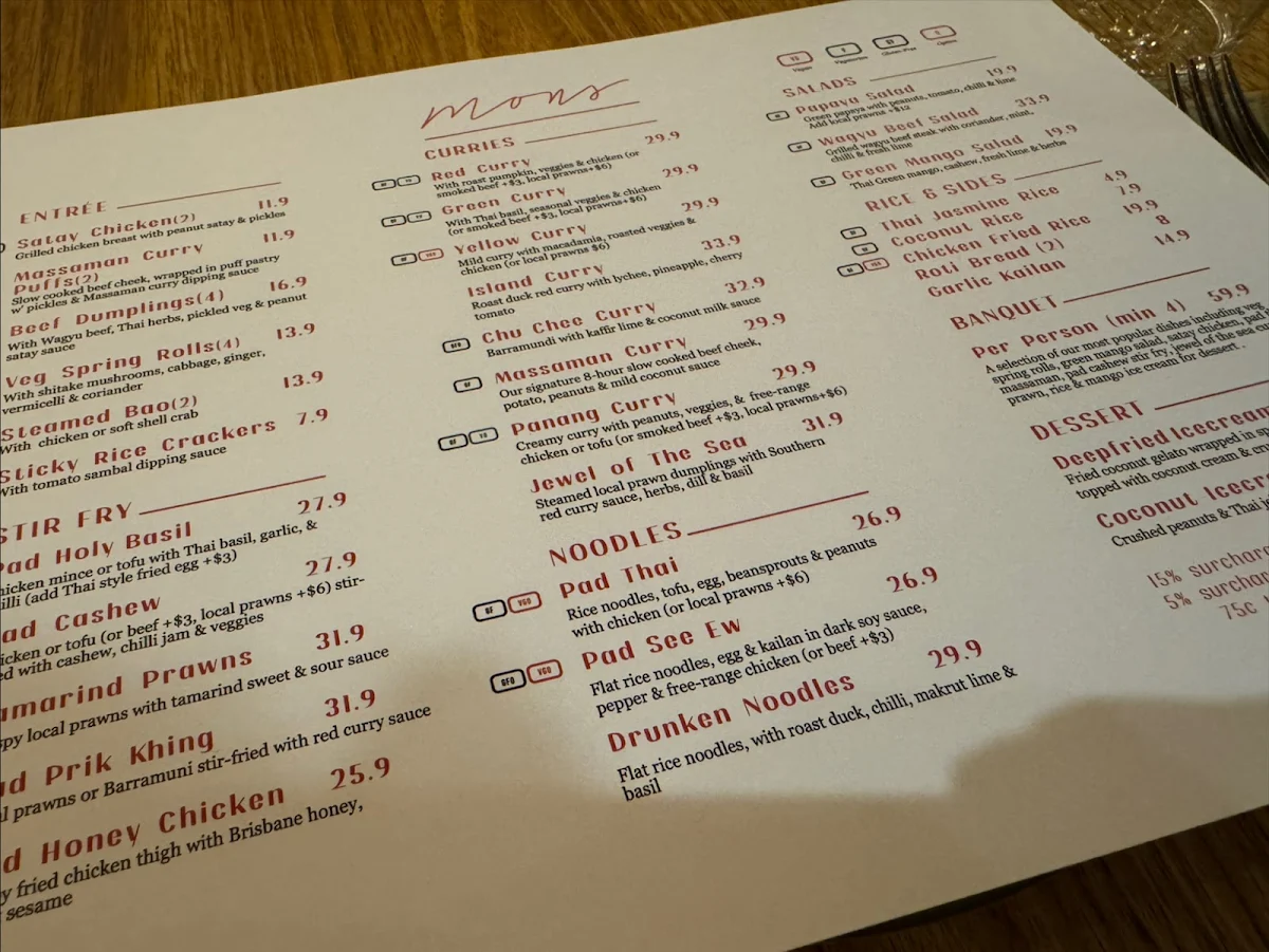 Menu, Mons Thai Camp Hill