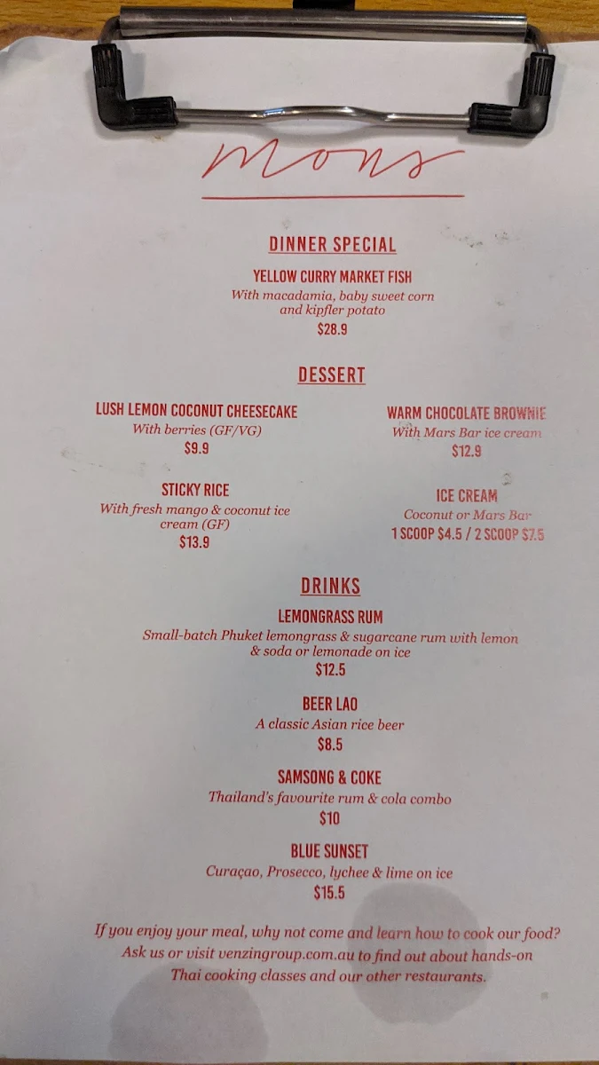 Menu, Mons Thai Camp Hill