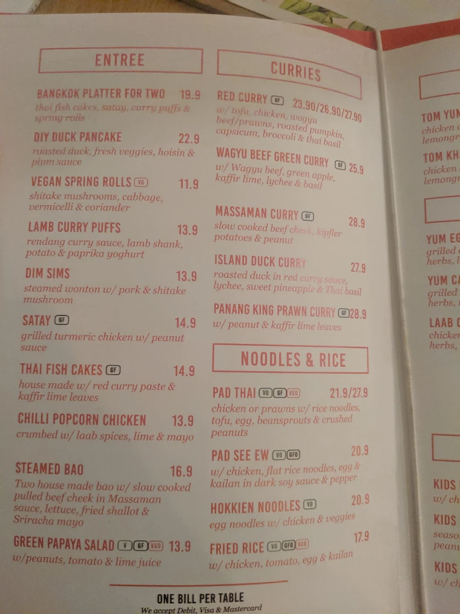Menu, Mons Thai Camp Hill